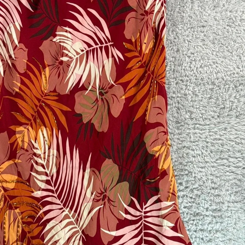 Red‎ floral silk maxi skirt with ruffle hem